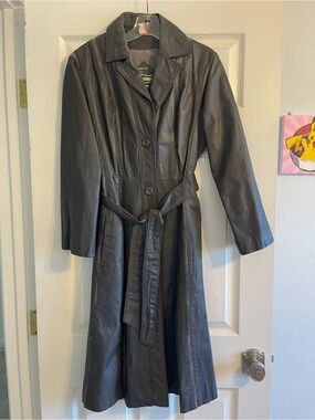 Vtg 70s Montgomery Ward The Tannery Gray Leather Belted Trench Coat 7/8